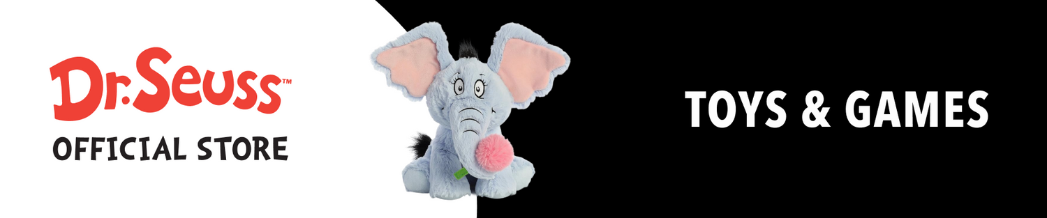 Dr. Seuss Official Store Toys & Games banner. Features a plush Horton the Elephant toy holding a pink clover on a white and black background with 