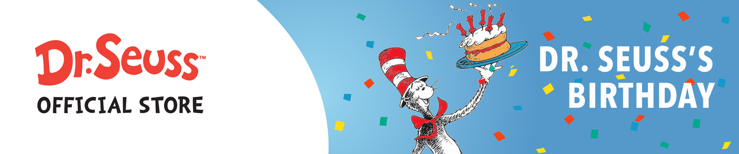 Dr. Seuss Official Store Birthday banner. Features the Cat in the Hat holding a birthday cake with red candles, surrounded by colorful confetti on a blue background with text 