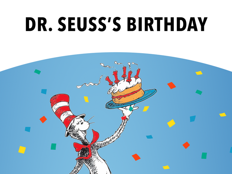Dr. Seuss Official Store Birthday banner. Features the Cat in the Hat holding a birthday cake with red candles, surrounded by colorful confetti on a blue background with text 