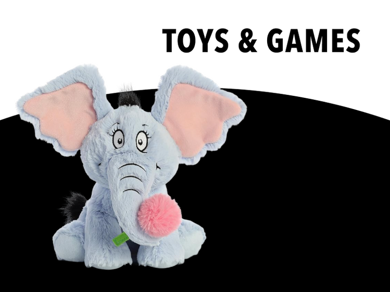 Dr. Seuss Official Store Toys & Games banner. Features a plush Horton the Elephant toy holding a pink clover on a white and black background with 
