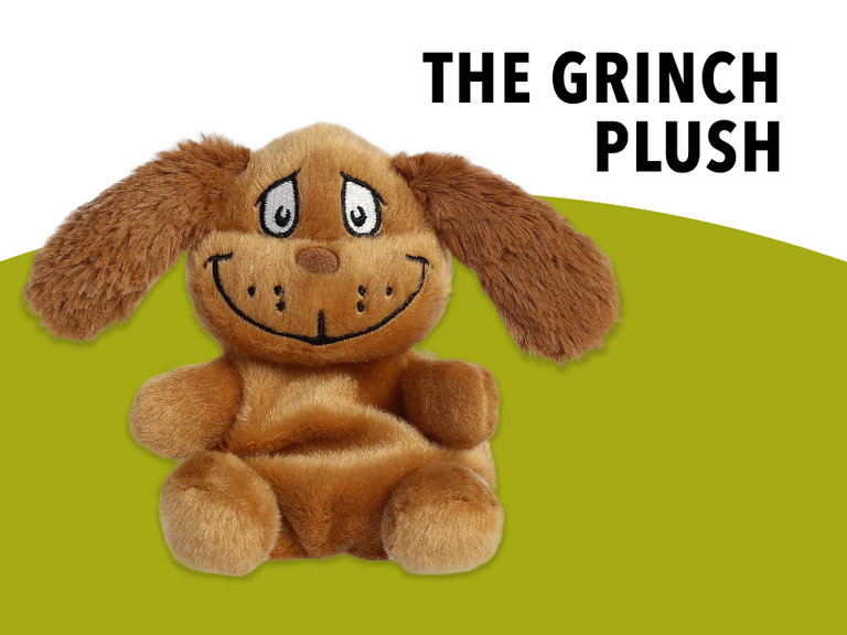 Dr. Seuss Official Store The Grinch Plush banner. Features small plush toys of the Grinch, Max the dog, and Cindy-Lou Who on a green and white background with white text "THE GRINCH PLUSH." - Banner