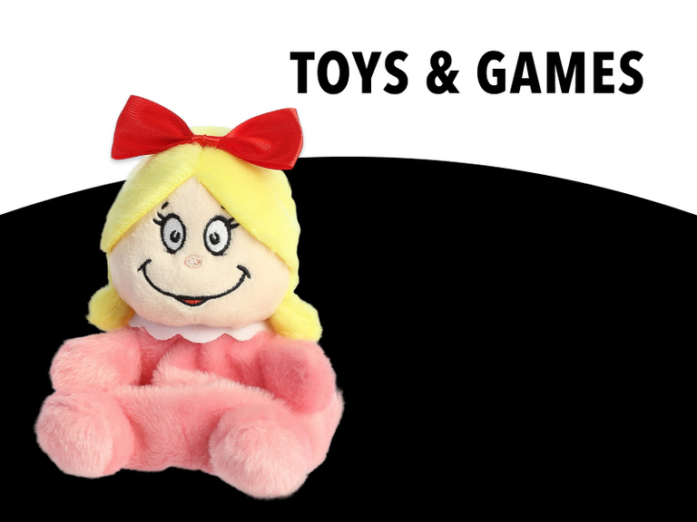 Dr. Seuss Official Store Toys & Games banner. Features a plush Horton the Elephant toy holding a pink clover on a white and black background with "TOYS & GAMES" in white text. - Banner