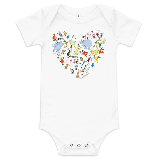 The cat in the hat baby bodysuit characters and hearts - white