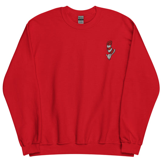 The cat in the hat embroidered crewneck sweatshirt hat's off - red
