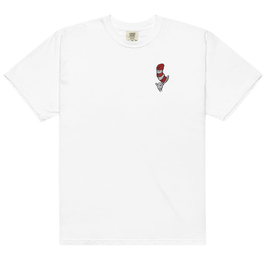 The cat in the hat embroidered comfort colors t-shirt hat's off - white